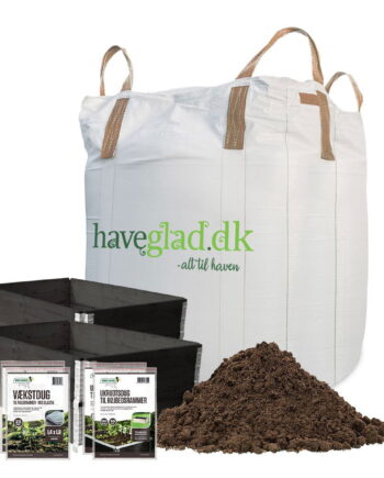 Pakke til 2 højbede med 4 sorte pallerammer, 2 vækstdug, 2 ukrudtsdug og 1 bigbag med 1000 liters højbedsmuld