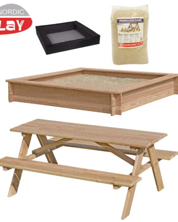 Sampak sandkasse, børne bordbænkesæt i lærk samt sandkassenet og sand
