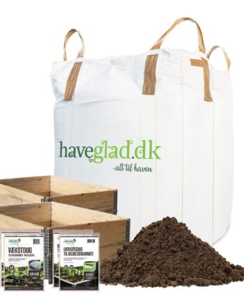 Pakke til 2 højbede med 4 natur pallerammer, 2 vækstdug, 2 ukrudtsdug og 1 bigbag med 1000 liters højbedsmuld