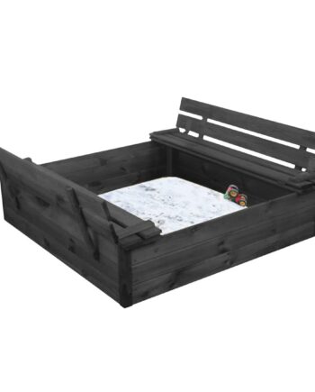 Sandkasse med bænk og låg, sort - 120 x 120 cm